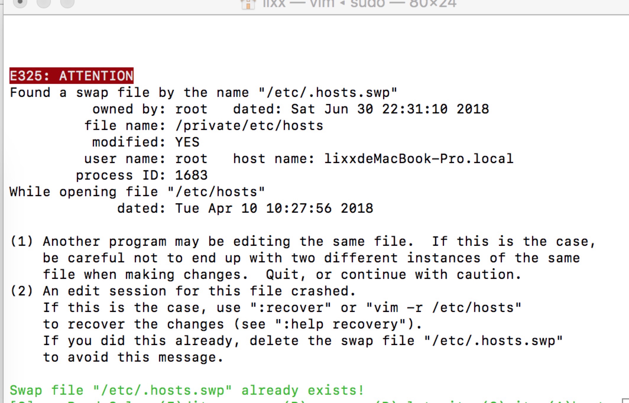 E325: ATTENTION Found a swap file by the name &quot;/etc/.hosts.swp&quot;