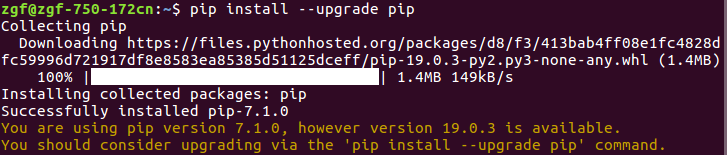 Python报错(ubuntu系统)：You are using pip version 7.1.0, however version 19.0.3 is available.