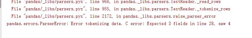 Python报错：pandas.errors.ParserError: Error tokenizing data. C error: Expected 3……