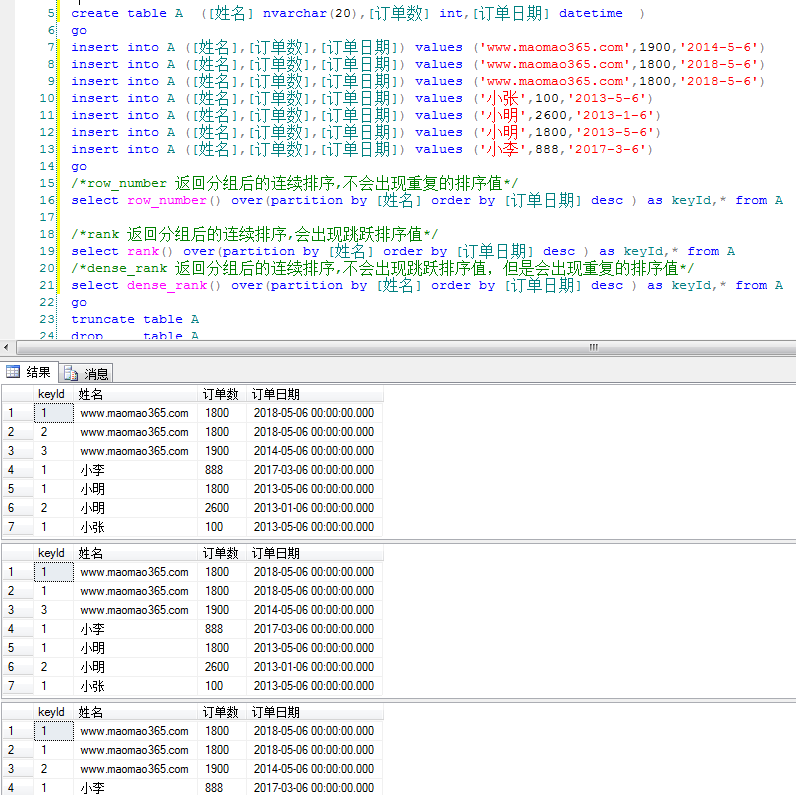 mssql sqlserver 分组排序函数row_number、rank、dense_rank用法简介及说明