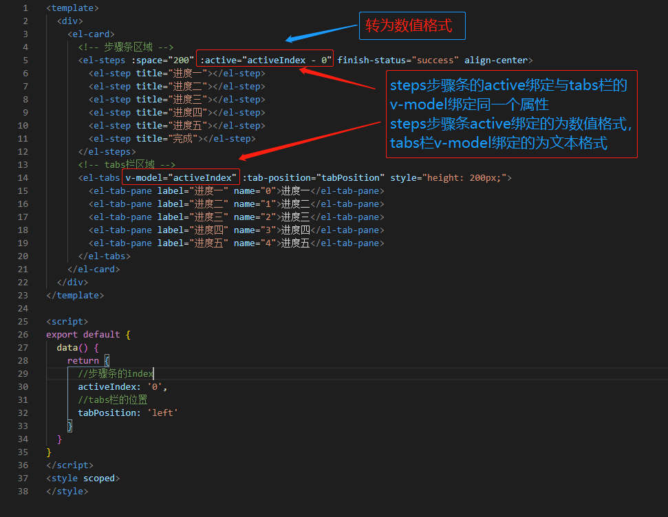 Vue-“Steps步骤条”与“tabs标签页”同步