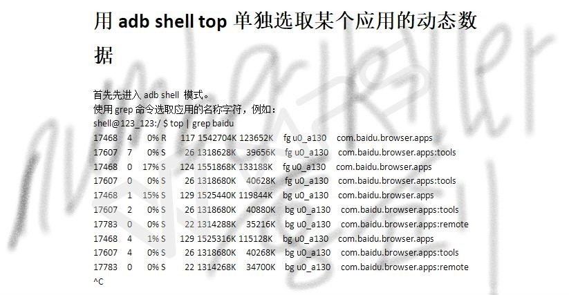 用adb shell top单独选取某个应用的动态数据