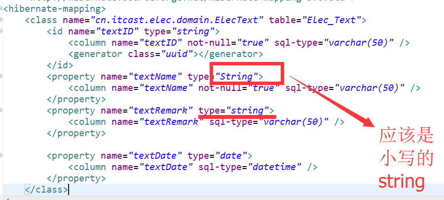 org.hibernate.MappingException: Could not determine type for: String, at table: Elec_Text, for colum