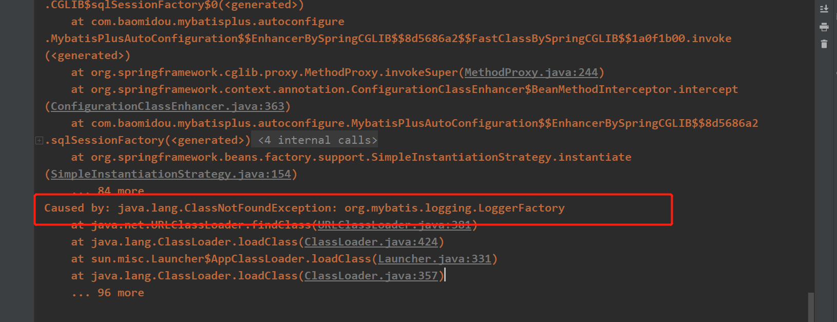 Spring boot 整合mybatis报错ClassNotFoundException: org.mybatis.logging.LoggerFactory