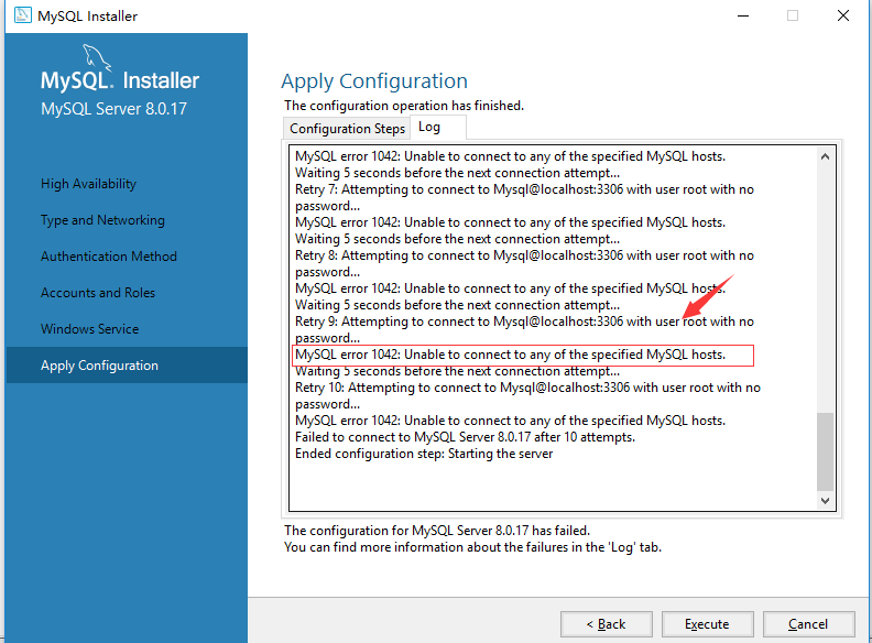 安装mysql时，Unable to connect to any of the specified MySQL hosts