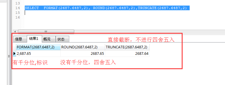 Mysql 中 FORMAT、ROUND和TRUNCATE几个函数的区别