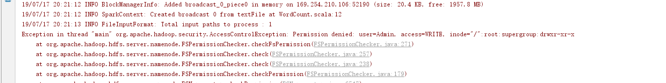 运行报错 Permission denied: user=Admin, access=WRITE, inode="/":root:supergroup:drwxr-xr-x