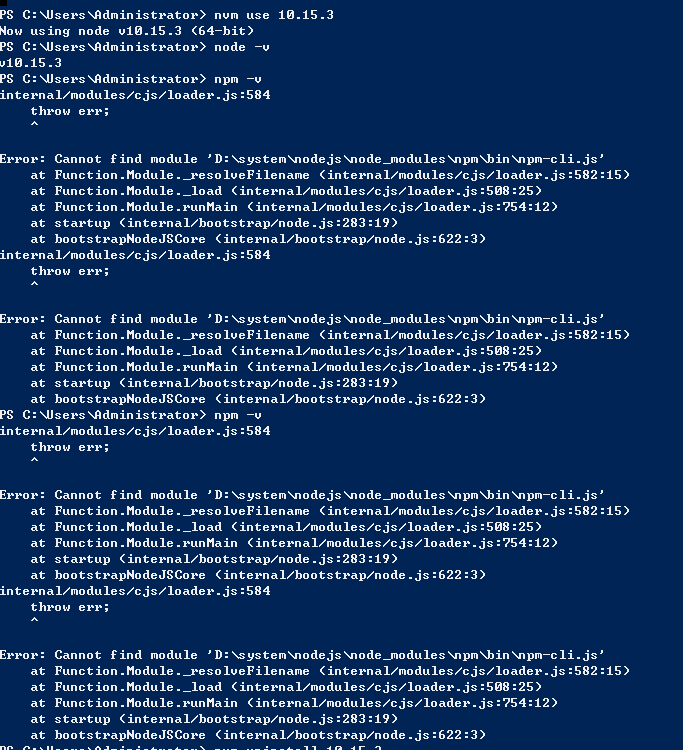 nvm 安装node npm后 npm报错 Cannot find module 'D:\system\nodejs\node_modules\npm\bin\npm-cli.js'