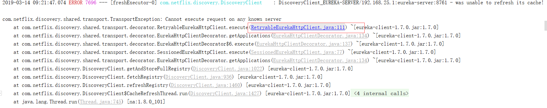 com.netflix.discovery.shared.transport.TransportException: Cannot execute request on any known serve