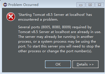 Eclipse出现Starting Tomcat v8.5 Server at localhost has encountered a problem问题