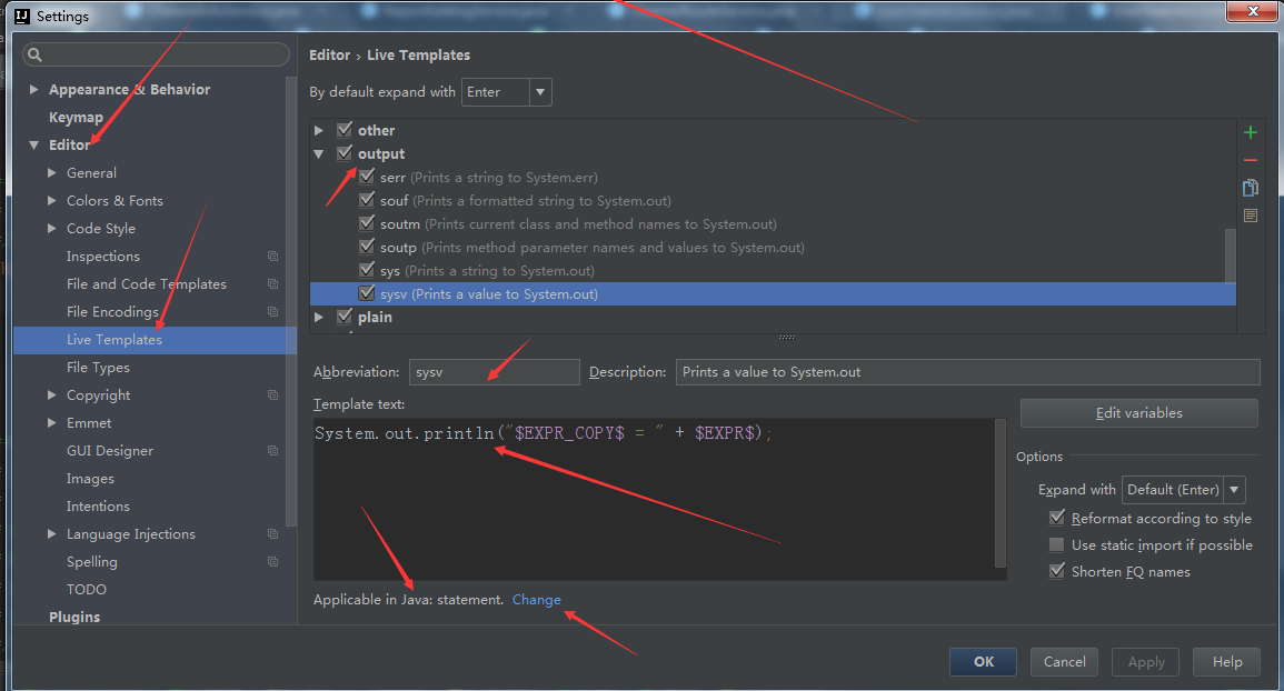 IntelliJ IDEA 中如何设置如：sys直接输出一行等等的快捷编辑操作----即：代码的快捷编辑模板(Live Templates)设置