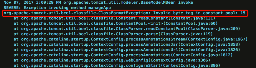 出现 org.apache.tomcat.xxx.ClassFormatException: Invalid byte tag in constant pool: 15 异常的原因及解决方法