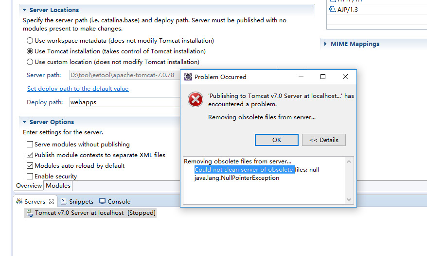 Tomcat 启动 Removing obsolete files from server Could not clean server of obsolete