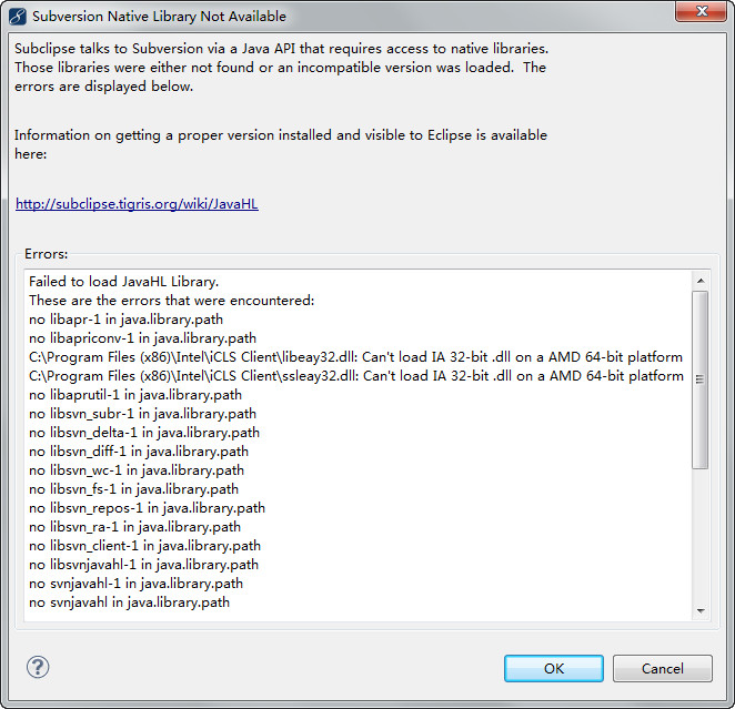 关于Eclipse和STS里SVN插件报错Subclipse talks to Subversion via a Java API that requires access to native