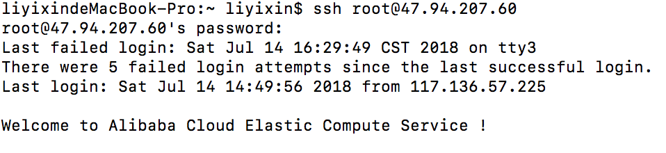 阿里云(Linux)上输入登录账户和密码,显示login correct