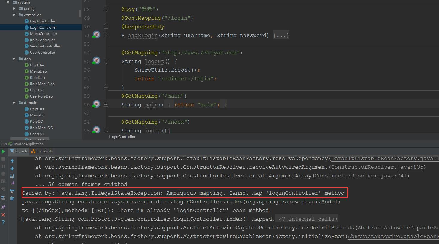 Caused by: java.lang.IllegalStateException: Ambiguous mapping. Cannot map 'loginController'的解决方法