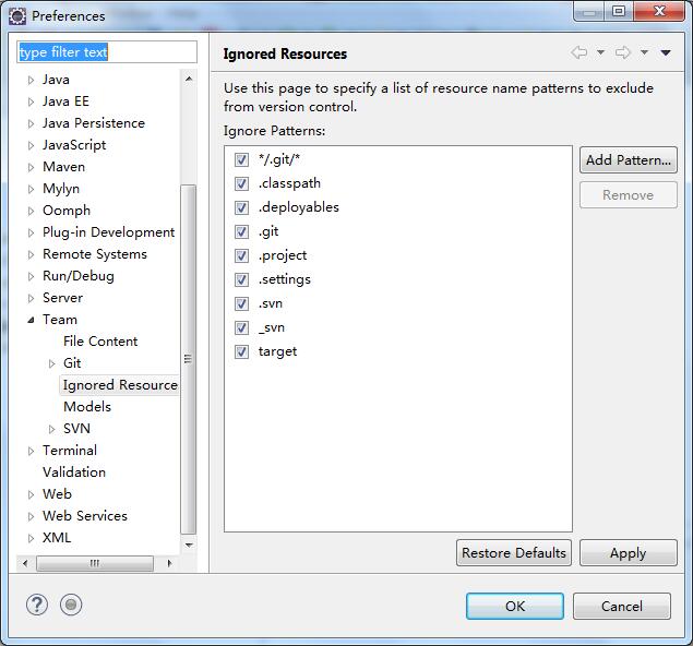 eclipse中使用svn同步的时候忽略target/.project /.classpath /.settings等目录