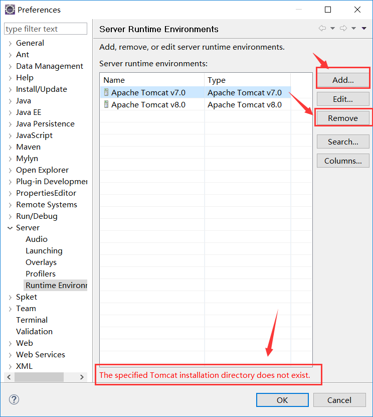 配置Tomcat时出现Cannot create a server using the selected type错误