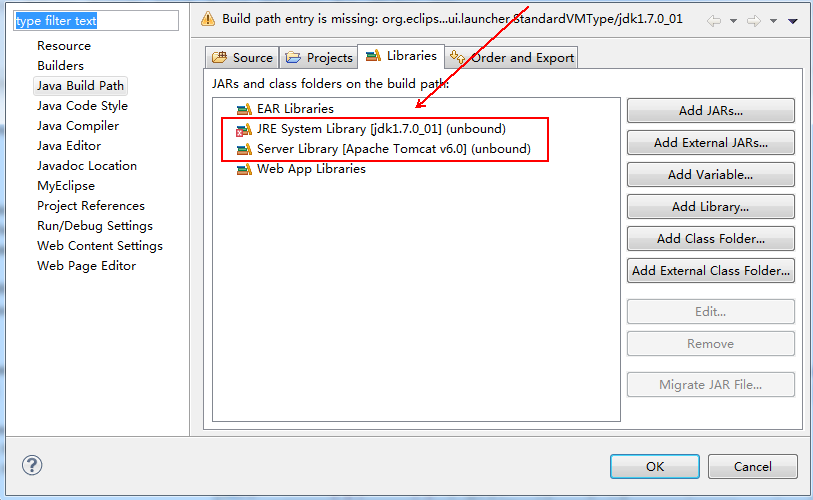 在Myeclipse 中导入java web项目出错（JRE System Library(unbound)）