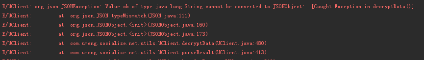 org.json.JSONException: Value ok of type java.lang.String cannot be converted to JSONObject: [Caugh