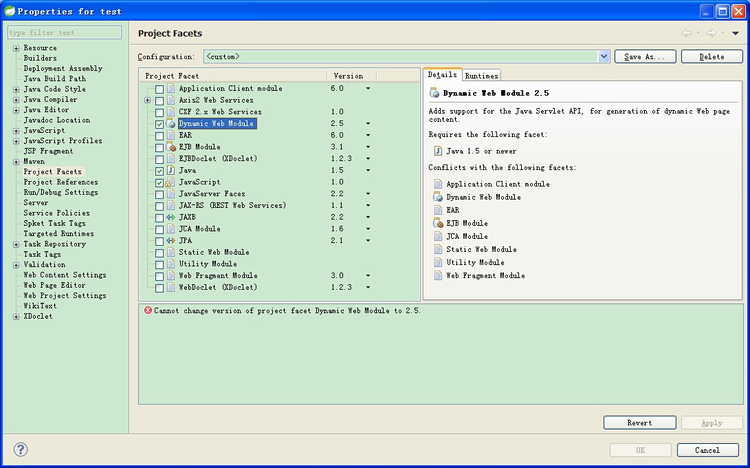 解决Cannot change version of project facet Dynamic web module to 2.5
