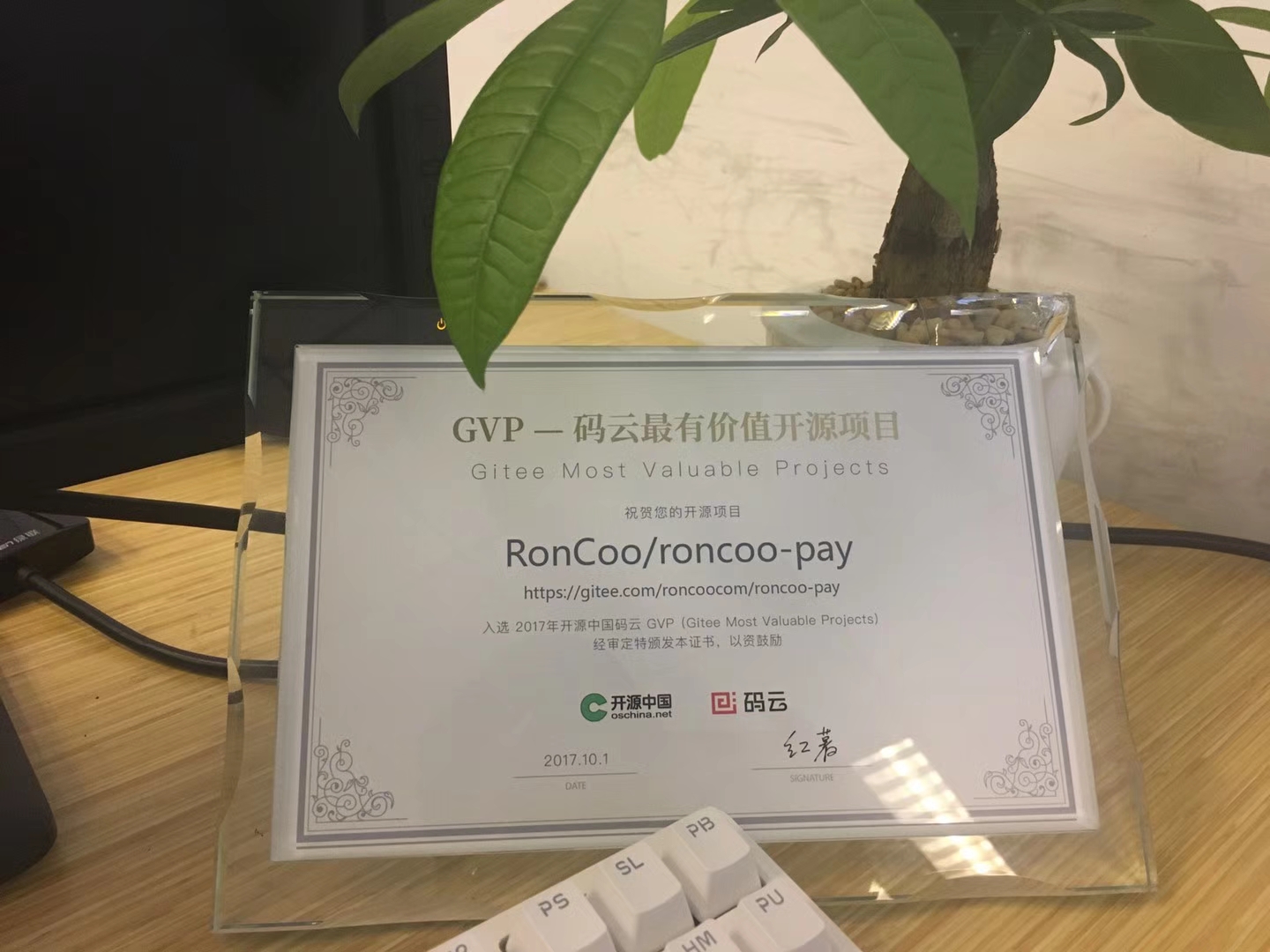 开源中国颁发证书：GVP-码云最有价值开源项目（roncoo-pay）