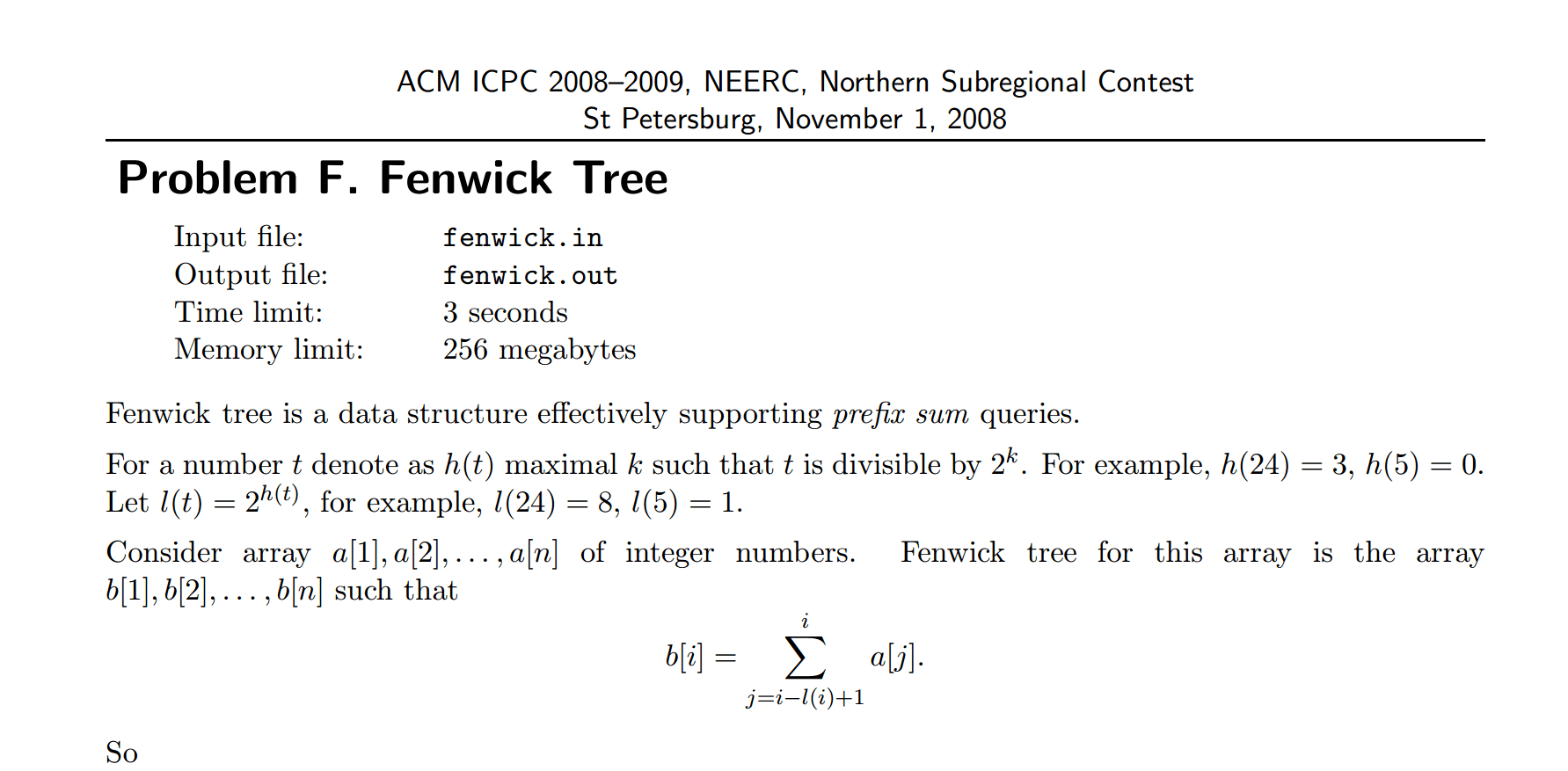 ACM ICPC 2008–2009, NEERC, Problem F Fenwick Tree(找规律，打表) Codeforces Gym 100623F