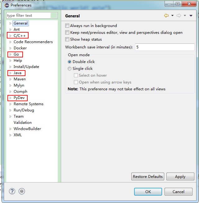 eclipse搭建java+python+go+c++开发环境