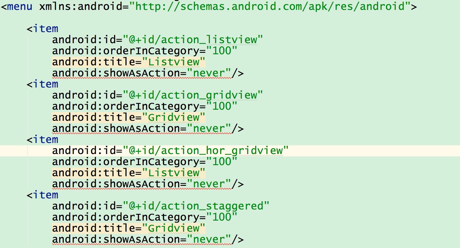 android:showAsAction="never"报错