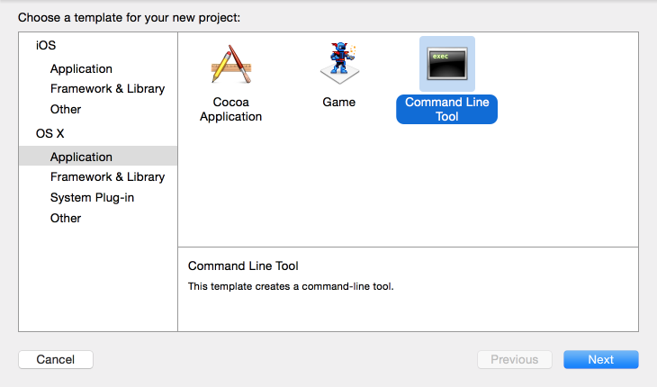 简单起见，从Command Line Tool 工程开始