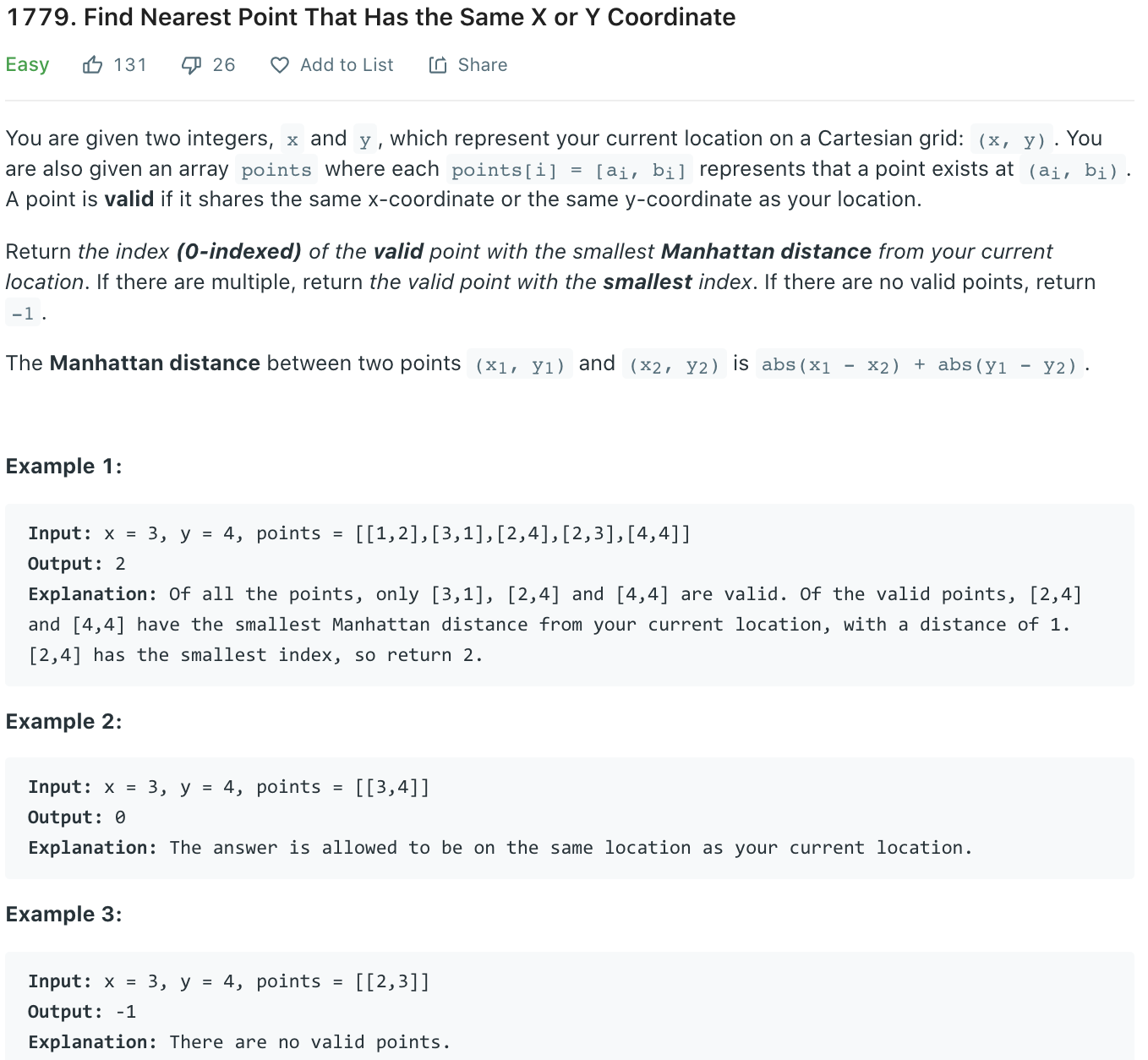 Find Nearest Point That Has the Same X or Y Coordinate