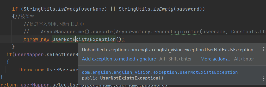 自定义异常时exception is never thrown in the corresponding try block和unhandled exception