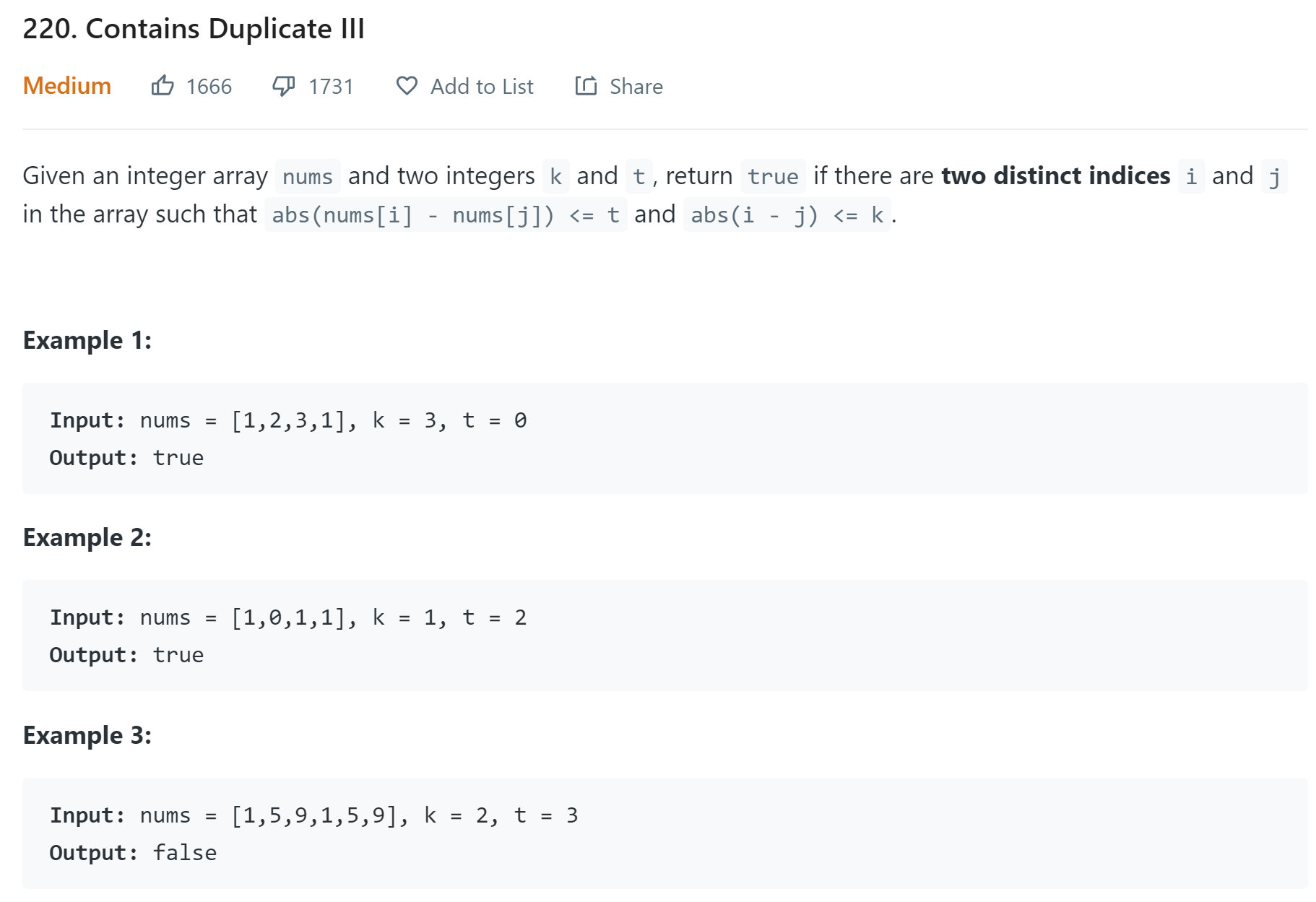 leetcode 220. Contains Duplicate III | 220. 存在重复元素 III （Treeset解法+分桶解法）