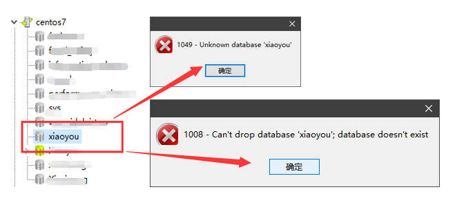 CentOS-MySQL: Can‘t drop database ‘database_name‘；database doean‘t exist.