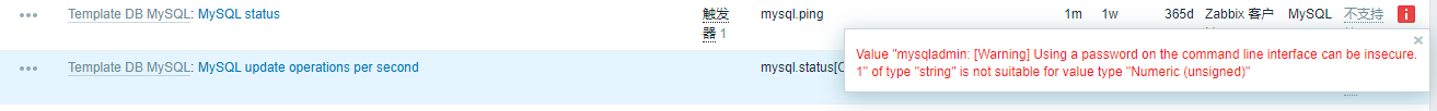 zabbix监控MySQL，自定义监控项报错：Value “mysqladmin: [Warning] Using a password on the command line interface c
