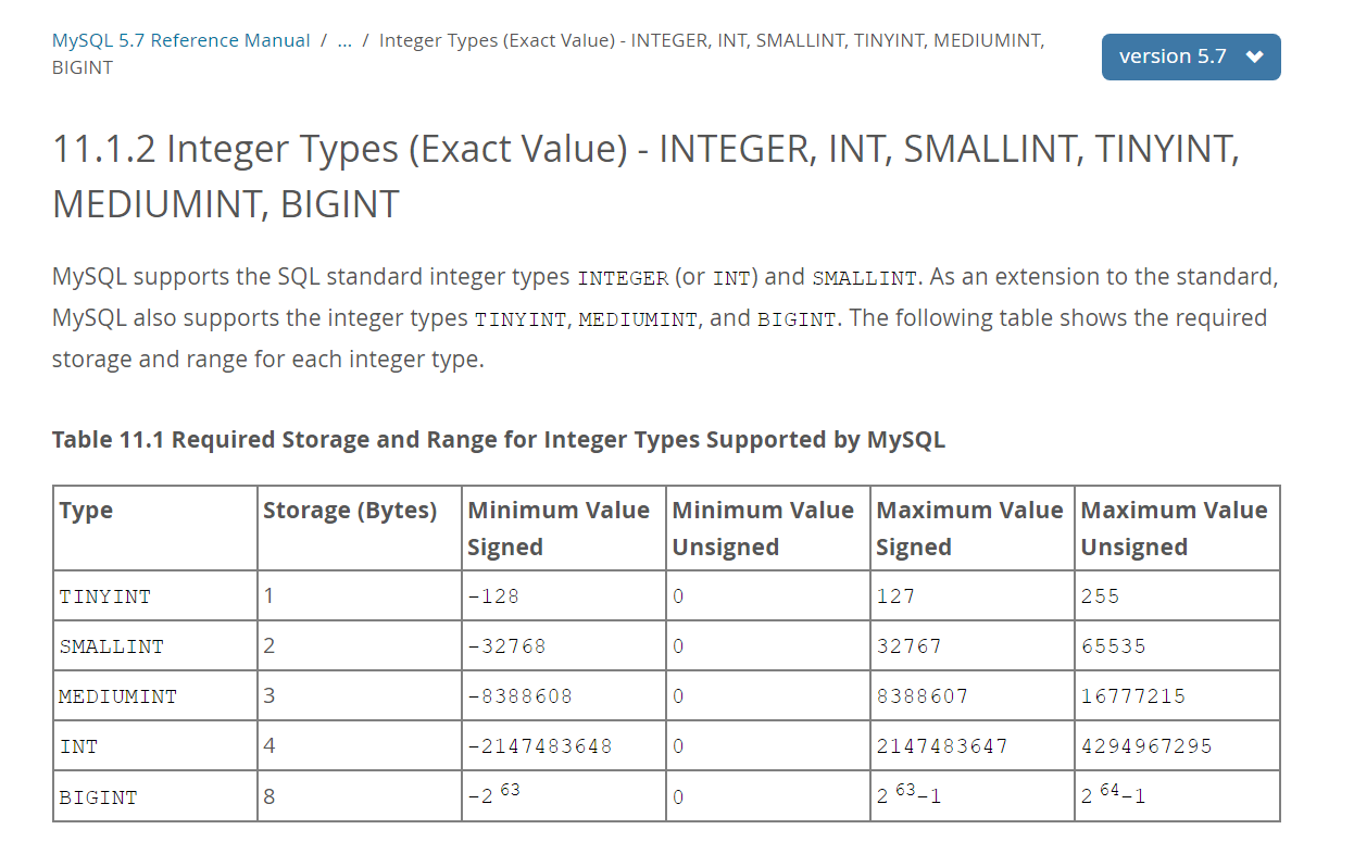 MySQL - 学习笔记 - 各种整形的大小