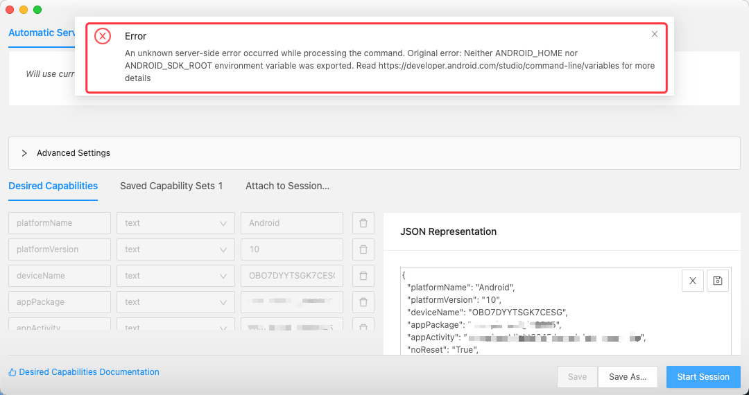 启动appium session报错：Neither ANDROID_HOME nor ANDROID_SDK_ROOT environment variable was exported.