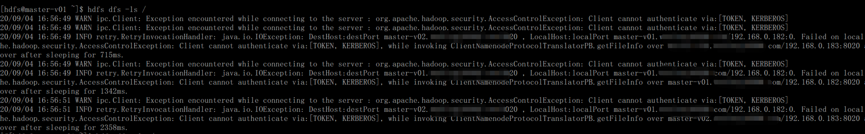 HDP WARN ipc.Client: Exception encountered while connecting to the server : org.apache.hadoop.securi