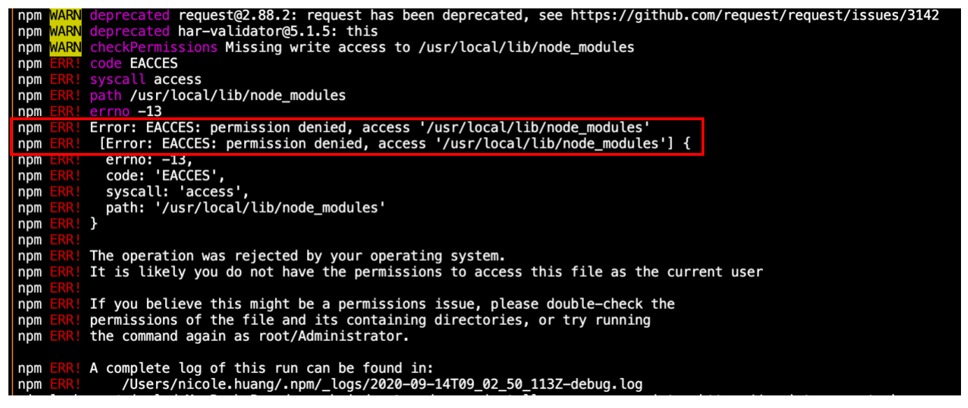 mac安装报错Error: EACCES: permission denied, access ‘/usr/local/lib/node_modules