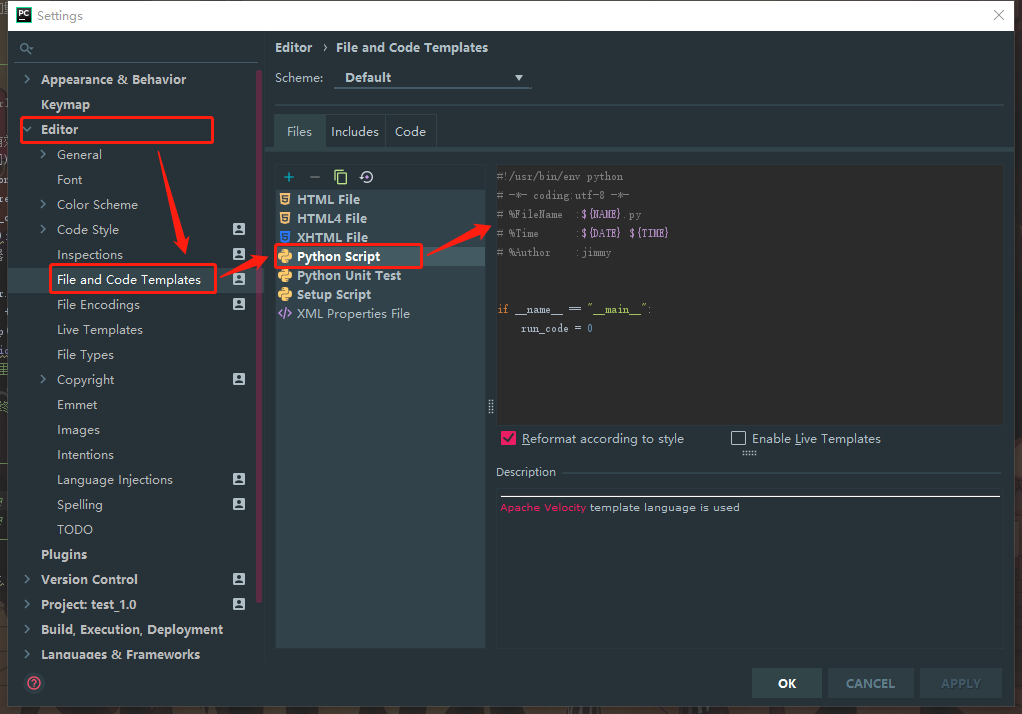 PyCharm中设置Python文件模板，及设置参数详解