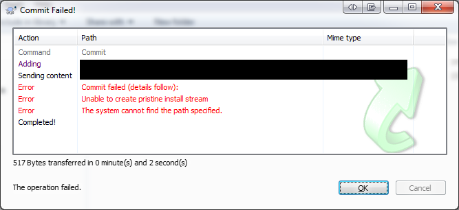 SVN【修复“unable to create pristine install stream”】