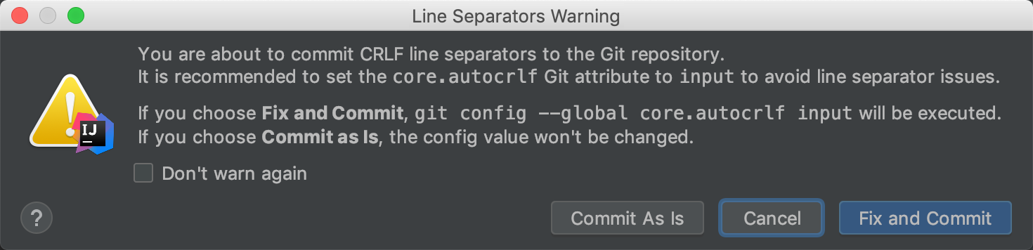 idea中git commit 的时候出现 you are about to commit crlf line separators to the git repository...