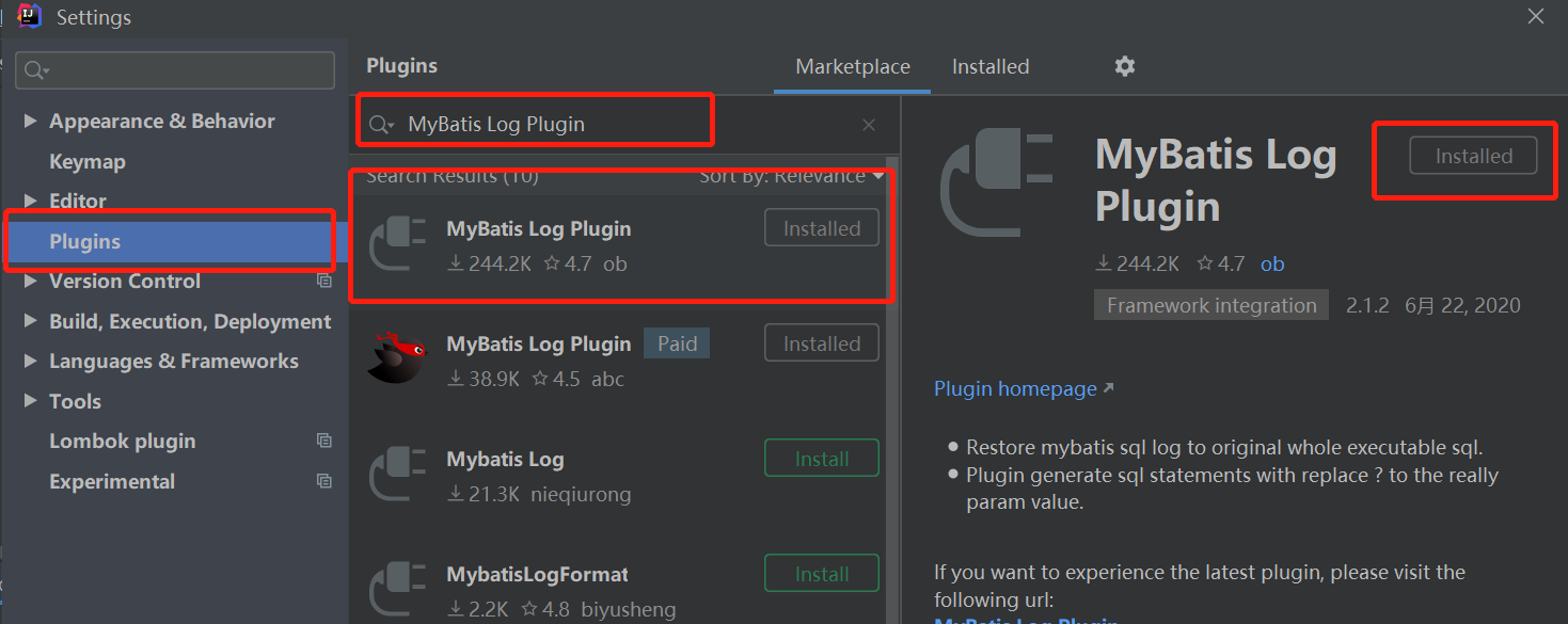 在IDEA中安装MyBatis Log Plugin插件，查看执行mybatis的sql语句