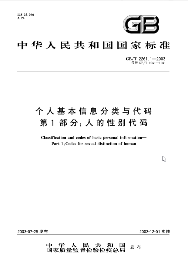 个人基本信息分类与代码 第1部分:人的性别代码 GB/T 2261.1-2003