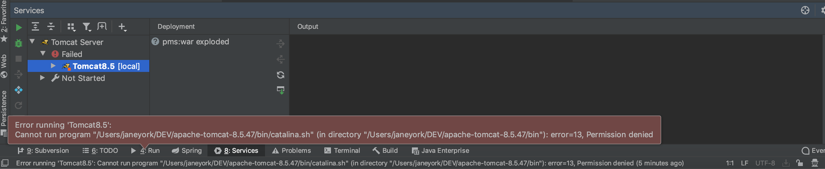 Mac下IntelliJ IDEA使用Tomcat报error=13, permission denied