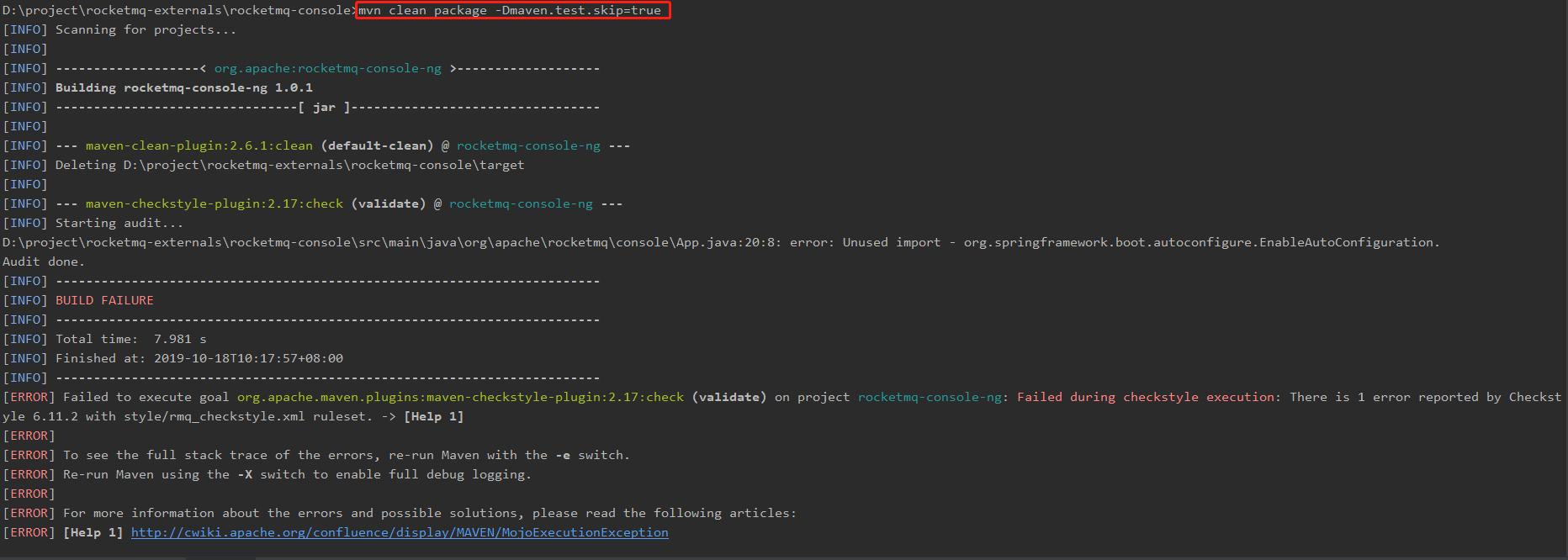RocketMQ-Console Maven打包 报错： rocketmq-console-ng: Failed during checkstyle execution