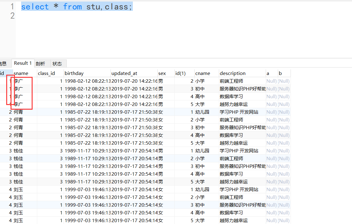 select * from stu,class;与select * from stu,class WHERE stu.class_id的区别