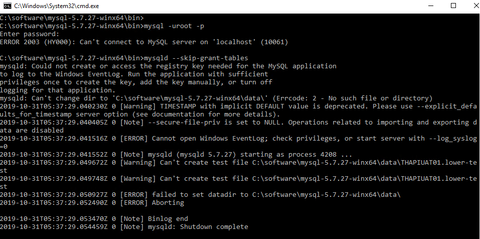 MySQL5.7 初始化启动报错:initialize specified but the data directory has files in it. Aborting